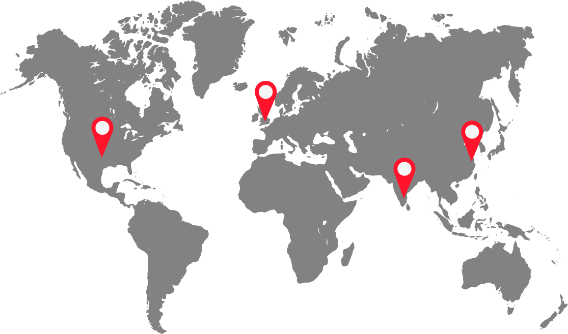 A map of the world, with pins indicating where each of our locations are in North America, Europe, India, and China